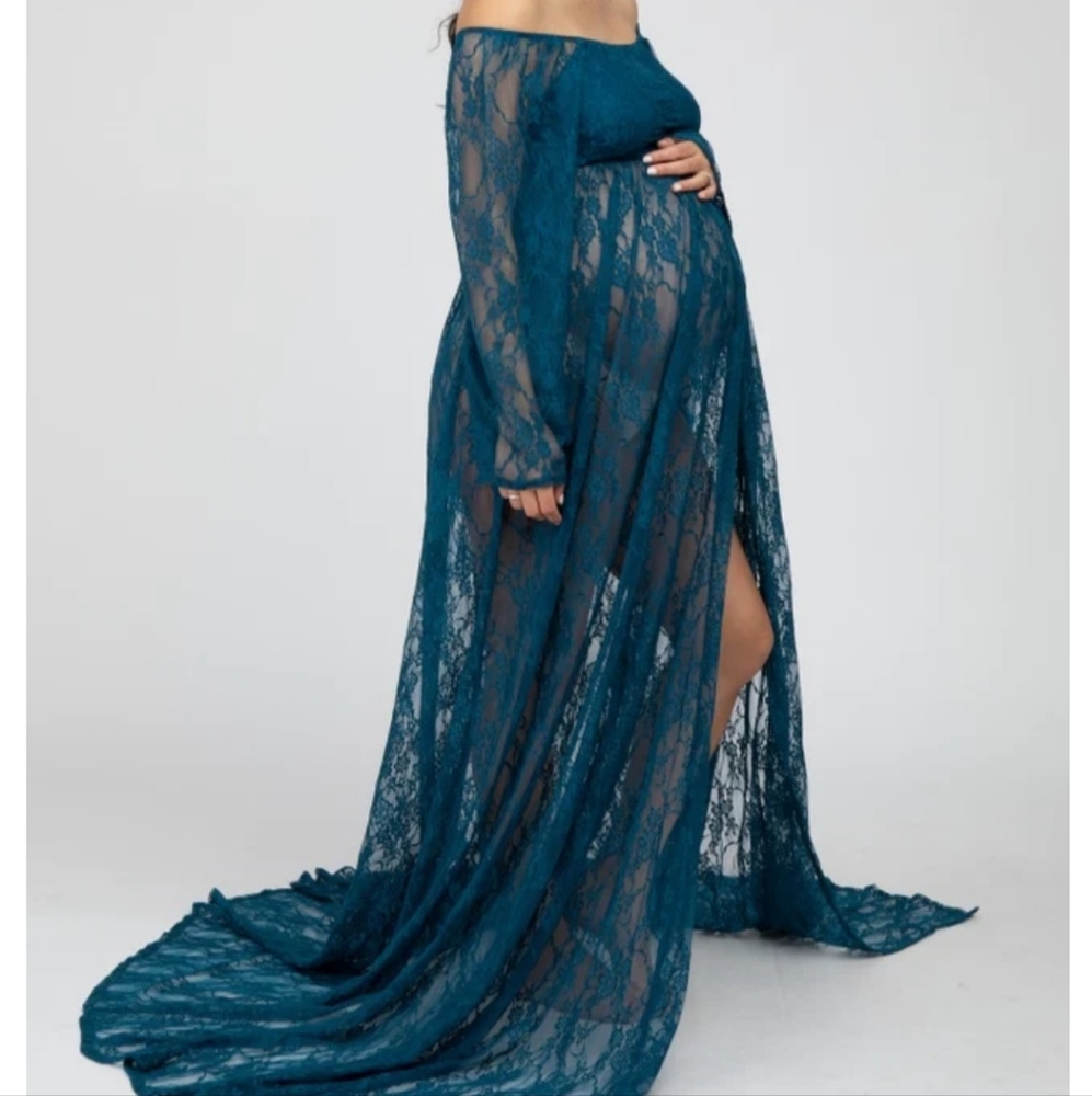SOLD—Pinkblush Teal Lace Off Shoulder Maternity Photoshoot Gown/Dress
